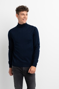 Casual Friday, Pulover slim fit din amestec de lana cu guler inalt, Bleumarin Casual Friday, Pulover slim fit din amestec de lana cu guler inalt, Bleumarin