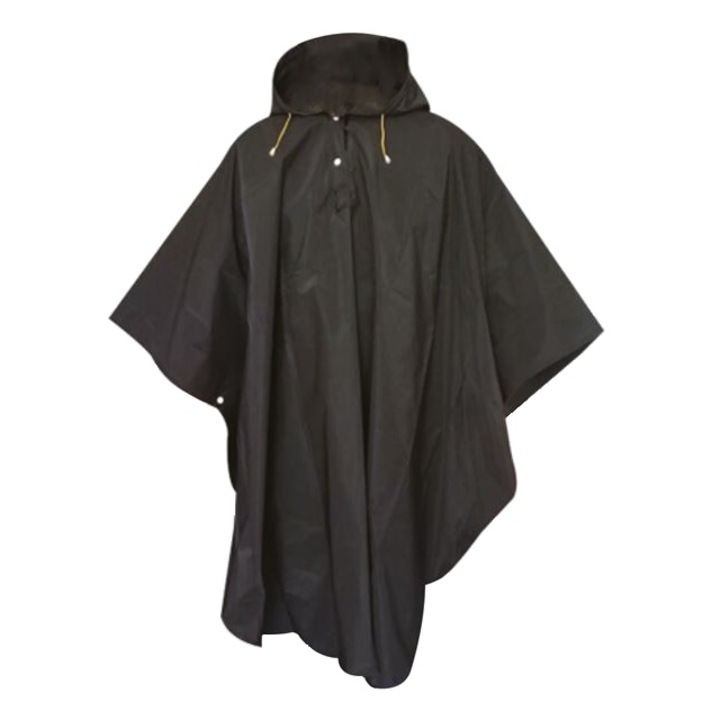 Черен пончо дъждобран, водоустойчив с качулка и шнур, един размер, тъмночерен