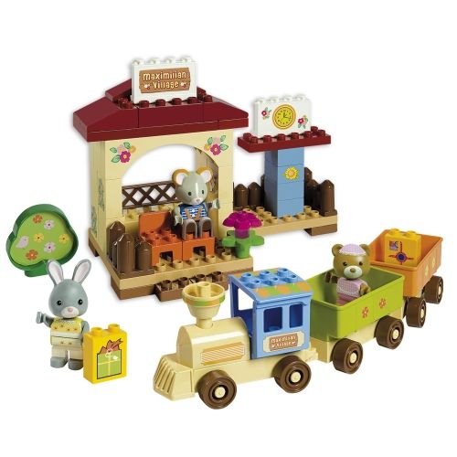 Set de constructie Imaginarium Trenino Unicoplus Maximilia Families, cu 68 de piese pentru tren, gara si 3 personaje