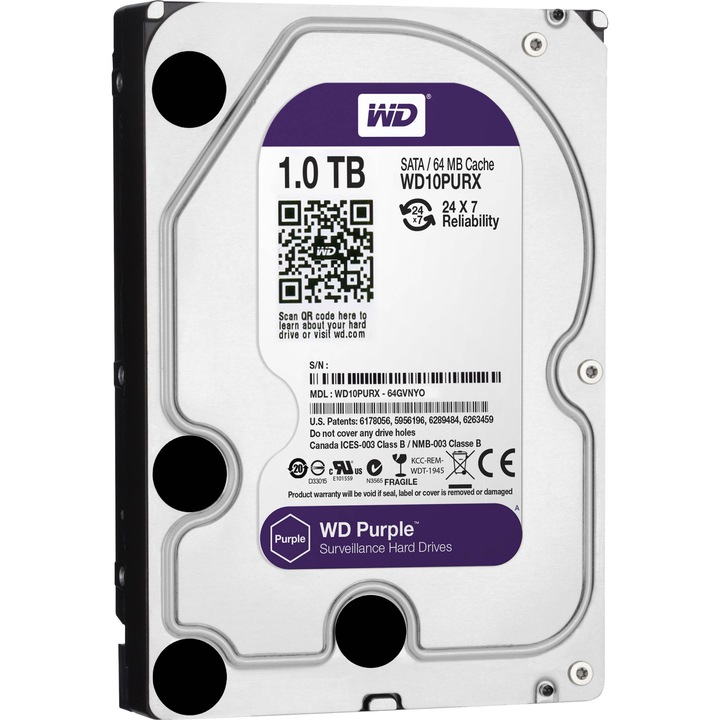 Hard disk, 1Tb, pentru sisteme de supraveghere, 110mb/sec, buffer 6 Gb/sec, WD10PURX, Western Digital Purple