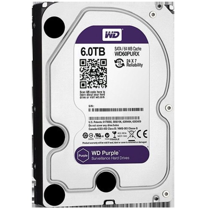 Merevlemez, 6Tb, megfigyelőrendszerekhez, 175mb/sec, puffer 6 Gb/sec, W60PURX, Western Digital Purple