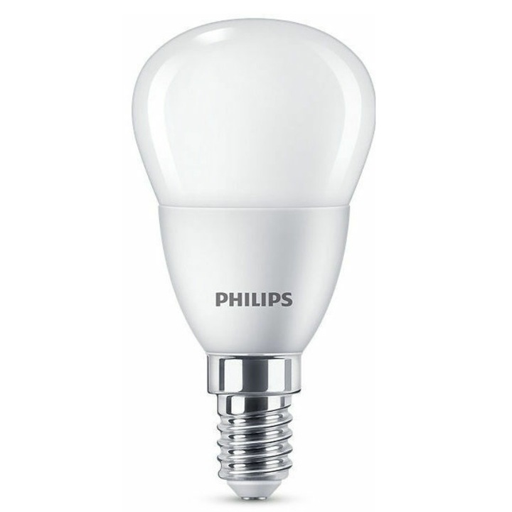 LED крушка Philips P45, Топло бяло, Цокъл тип E14, Мощност 6,5 W 48W, Поток 620 lm, 15000 часа, 4500 k, Форма на полилей, Компактна, Цвят бял