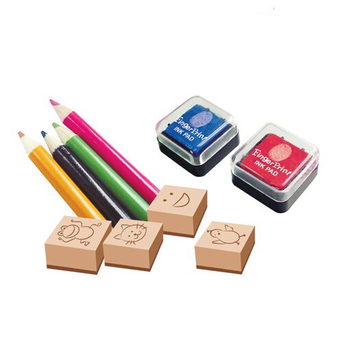 Set de stampile pentru a invata sa desenezi Imaginarium Stamp Finger Fun cu 11 piese, 2 tusiere colorate, 4 stampile, 4 creioane colorate si 1 carnetel