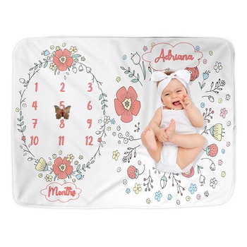 Paturica Milestone, personalizata cu Nume Fetita, 100x150cm, fleece, pentru gravide si nou nascuti Paturica Milestone, personalizata cu Nume Fetita, 100x150cm, fleece, pentru gravide si nou nascuti