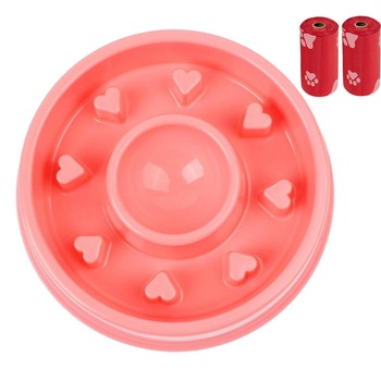 Set Castron Hranire Lenta Caini FizioTab® si 2 pungi igienice, pentru Prevenirea Indigestiei, Antiderapant, Love Roz Set Castron Hranire Lenta Caini FizioTab® si 2 pungi igienice, pentru Prevenirea Indigestiei, Antiderapant, Love Roz