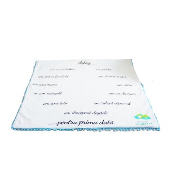 Paturica aniversara milestone Momente 100x100 cm cu plus bleu Paturica aniversara milestone Momente 100x100 cm cu plus bleu