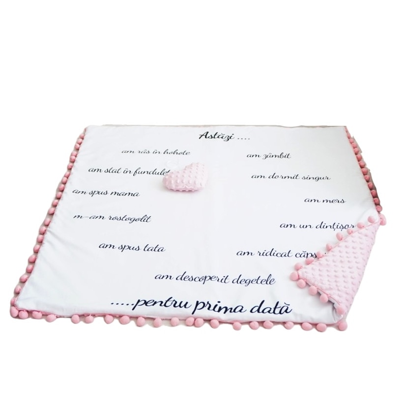 Paturica aniversara milestone Momente 100x100 cm cu plus roz pal
