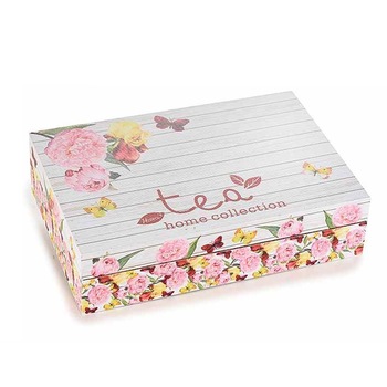 Cutie pentru ceai 6 compartimente din lemn decor Floral 24 cm x 16.5 cm x 6 h Cutie pentru ceai 6 compartimente din lemn decor Floral 24 cm x 16.5 cm x 6 h
