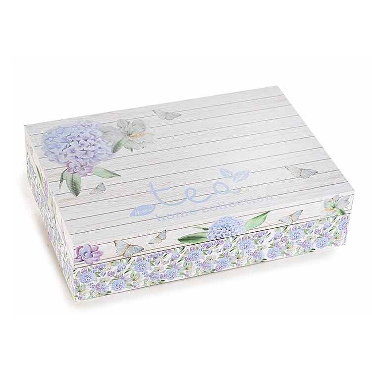 Cutie pentru ceai 6 compartimente din lemn Hortensie albastra 24 cm x 16.5 cm x 6 h