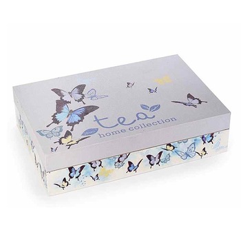 Cutie pentru ceai 6 compartimente din lemn decor Fluturi 24 cm x 16 cm x 6 h Cutie pentru ceai 6 compartimente din lemn decor Fluturi 24 cm x 16 cm x 6 h