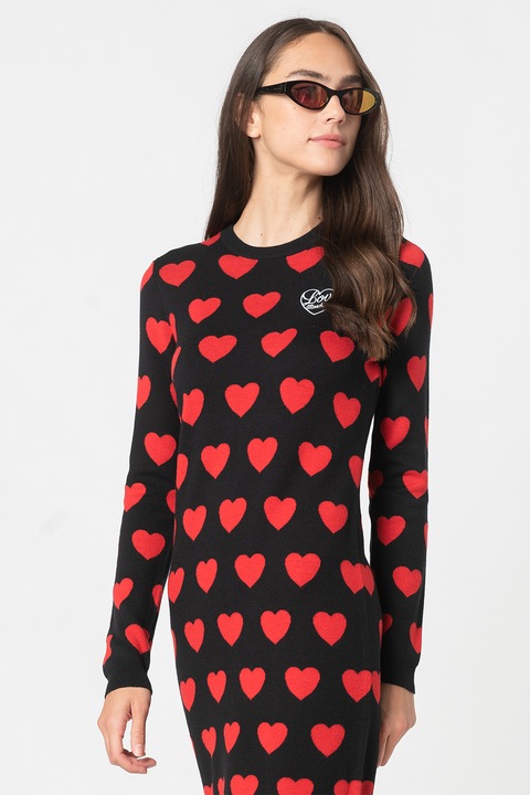 Love Moschino, Вталена рокля тип пуловер с шарка на сърца, Червен/Черен, L