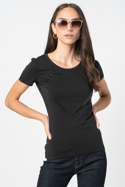 Love Moschino, Tricou cu decolteu la baza gatului si aplicatie cu strasuri, Negru, 44