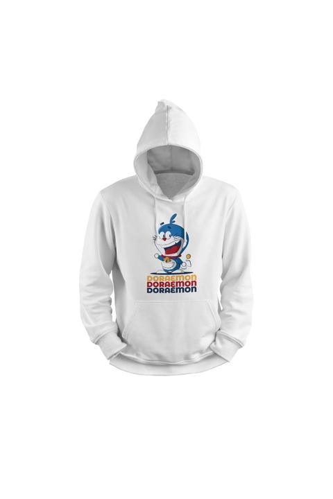 Hanorac cu gluga dama Mamino Doraemon, Imprimeu grafic, Bumbac/Poliester/Elastan, Alb, Alb