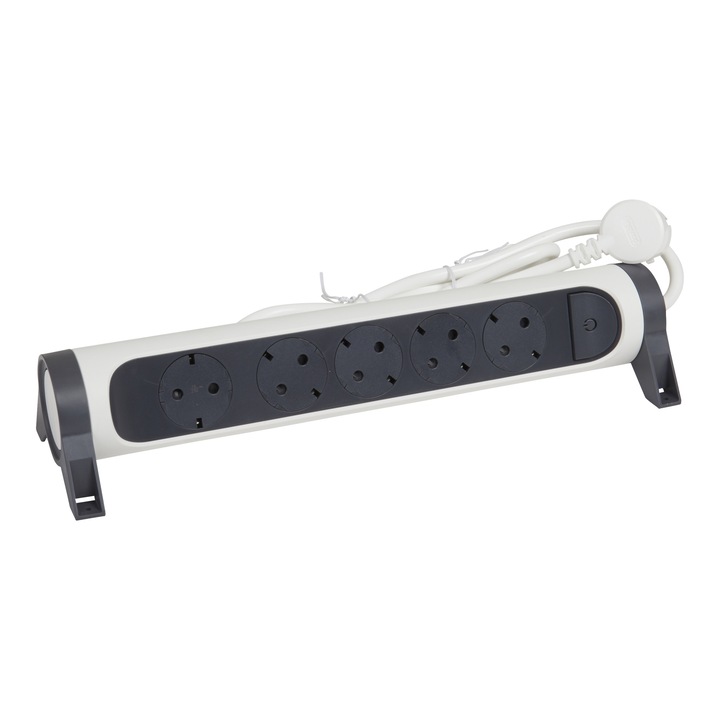 Разклонител Legrand Revolution L694538, Въртящ се, Със светещ ключ, 5 гнезда, 3x1.5 мм, cordon, 3m, Бял/Сив