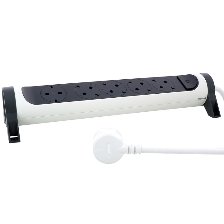 Разклонител Legrand Revolution L694531, Въртящ се, Със светещ ключ, 5 гнезда, 3x1.5 мм, Кабел 1.5 м, Бял/Сив