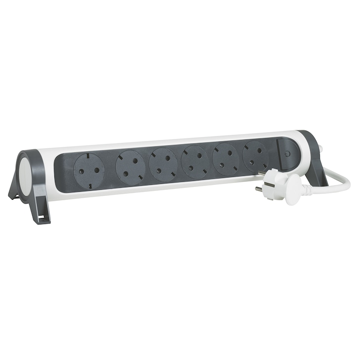 Разклонител Legrand Revolution L694533, Въртящ се, Със светещ ключ, 6 гнезда, 3x1.5 мм, Кабел 1.5 м, Бял/Сив