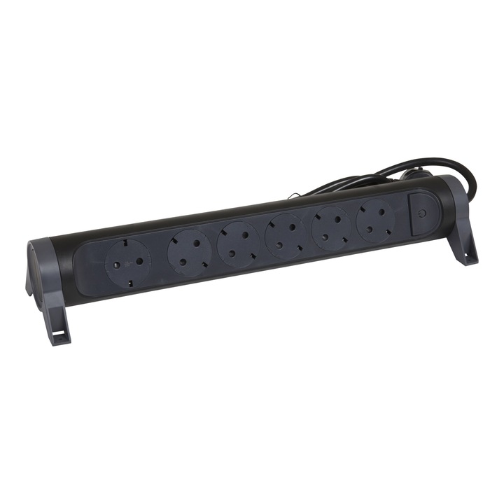Разклонител Legrand Revolution L694540, Въртящ се, Със светещ ключ, 6 гнезда, 3x1.5 мм, Кабел 3 м, Черен/Сив