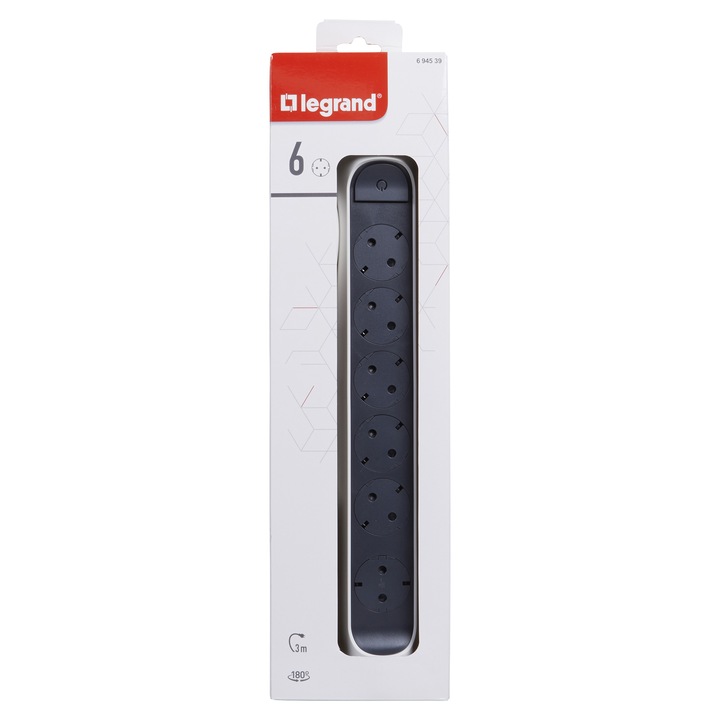 Разклонител Legrand Revolution L694539, Въртящ се, Със светещ ключ, 6 гнезда, 3x1.5 мм, Кабел 3 м, Бял/Сив