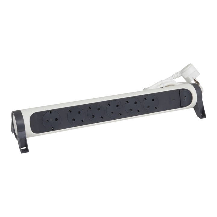 Разклонител Legrand Revolution L694526, Въртящ се, Със светещ ключ, 6 гнезда, Защита от претоварване, LED индикатор, 3x1.5 мм, Кабел 1.5 м, Бял/Сив