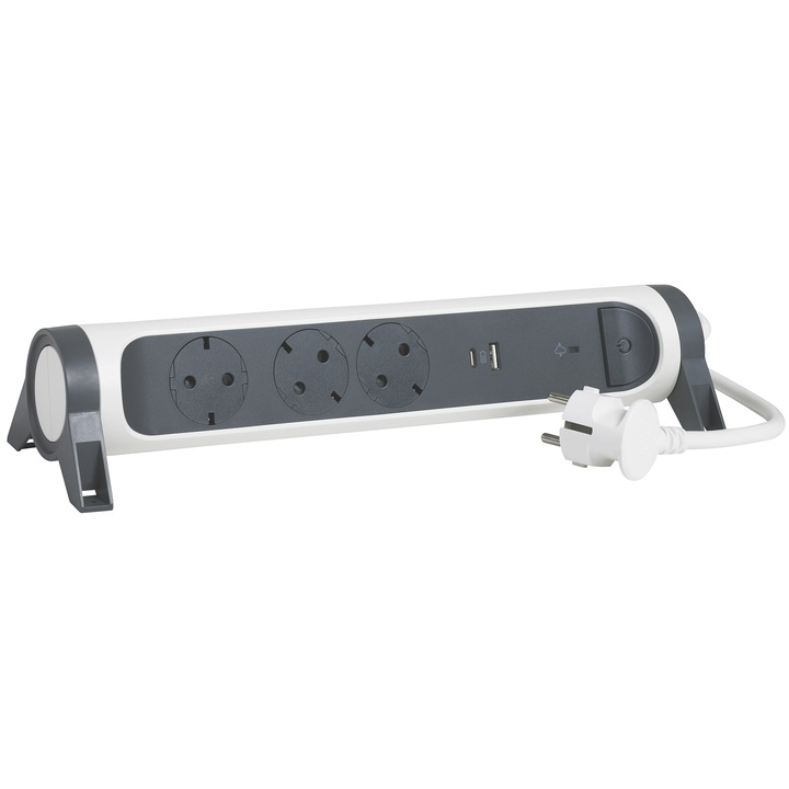 Разклонител Legrand Revolution L694508, Въртящ се, USB тип A и C, 3A-5V 15W, 3 гнезда, Защита от пренапрежение, Със светещ ключ, LED индикатор, 3x1.5 мм, Кабел 1.5 м, Бял/Сив