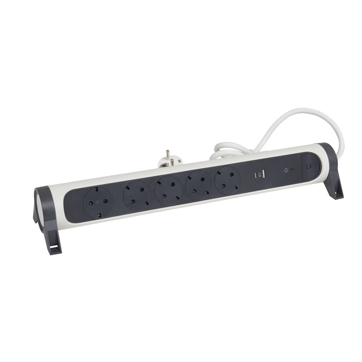 Разклонител Legrand Revolution L694510, Въртящ се, USB тип A и C, 3A-5V 15W, 5 гнезда, Защита от пренапрежение, Ключ за светлина, LED индикатор, 3 x 1.5 мм, Кабел 1.5 м, Бял / Сив