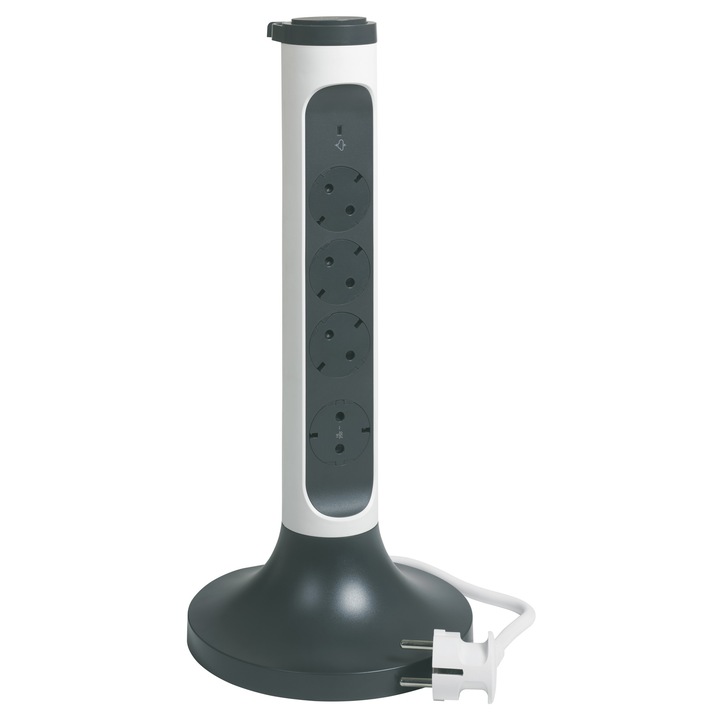 Разклонител Turn Legrand L694505, Със светещ ключ, 4 гнезда, Защита от пренапрежение, 3x1.5 мм, Кабел 2 м, Бял/Черен