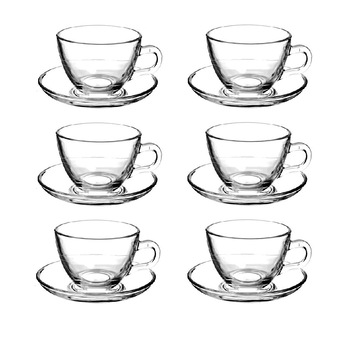 Set cesti GlasyCups pentru cafea/ceai, cu farfurie, 250 ml, Transparet, 6 buc Set cesti GlasyCups pentru cafea/ceai, cu farfurie, 250 ml, Transparet, 6 buc