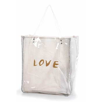 Geanta de plaja din textil si pvc crem Love 40 cm x 20 cm x 46 / 66 h Geanta de plaja din textil si pvc crem Love 40 cm x 20 cm x 46 / 66 h