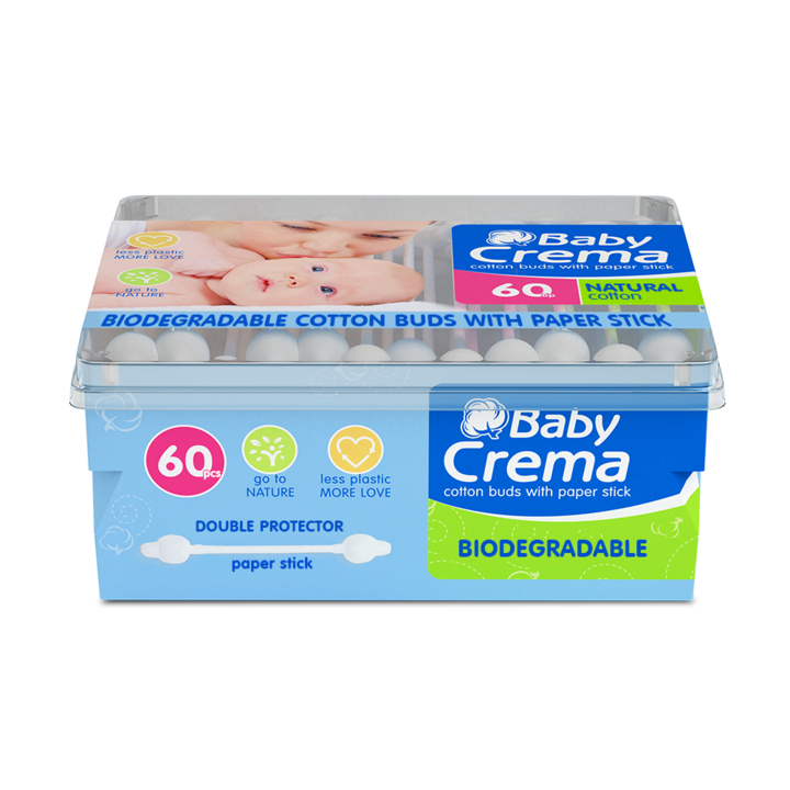 Биоразградими памучни клечки за уши Baby Crema, С хартиен стик, С протектор, 60 бр