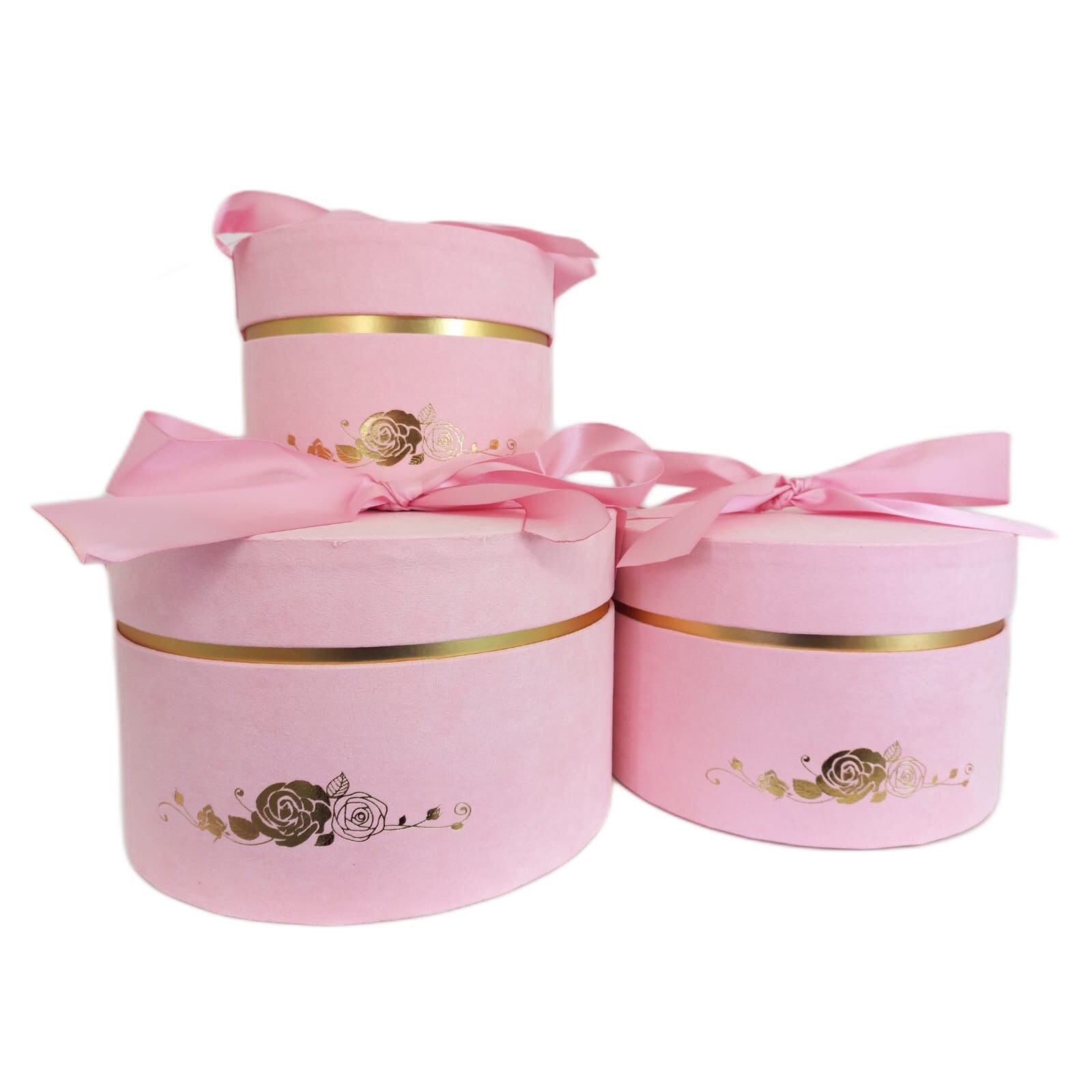 Set 3 cutii catifea si fundita roz