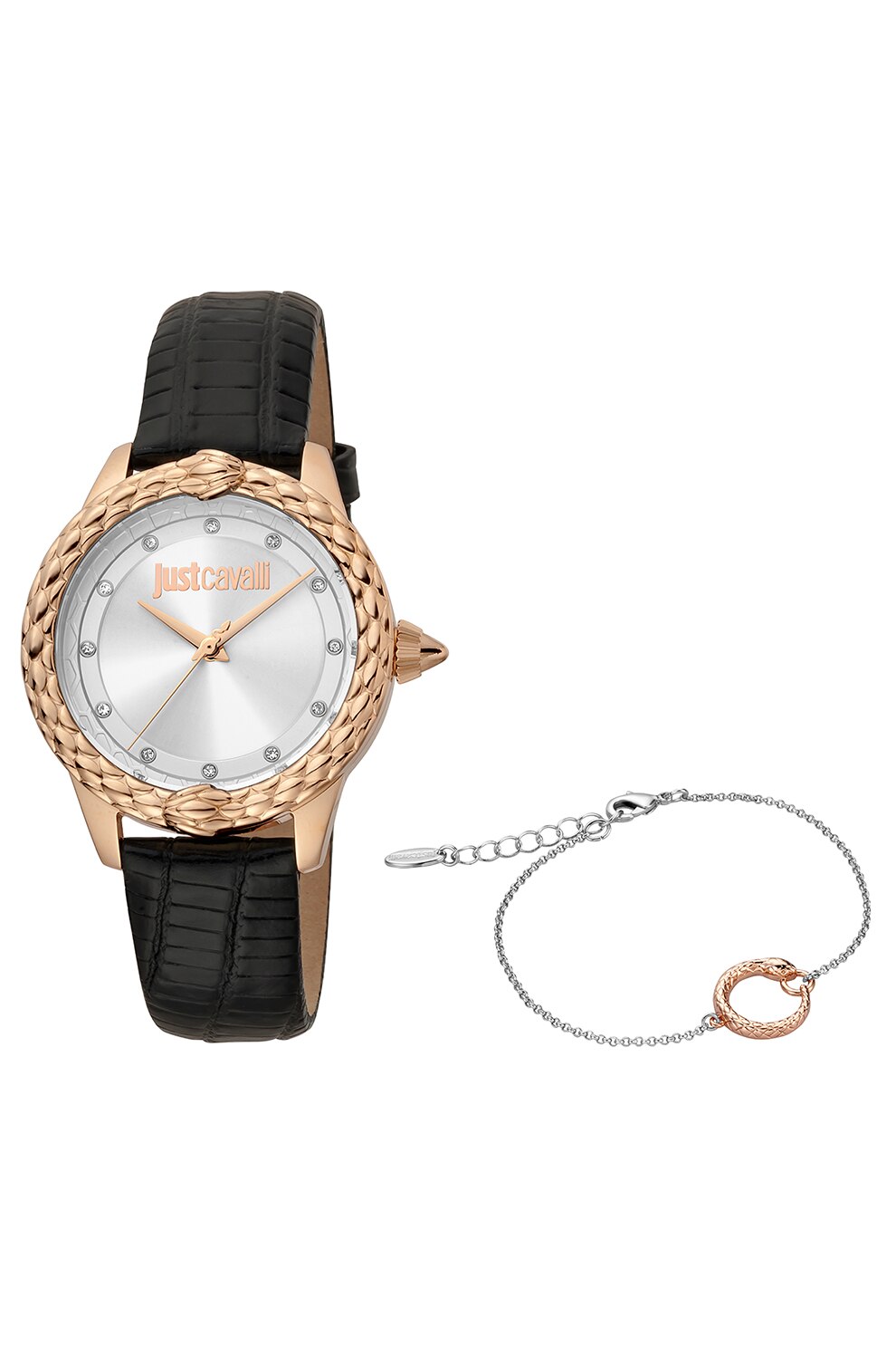 JUST CAVALLI, Set de ceas decorat cu cristale zirconia si bratara, Negru/Auriu rose