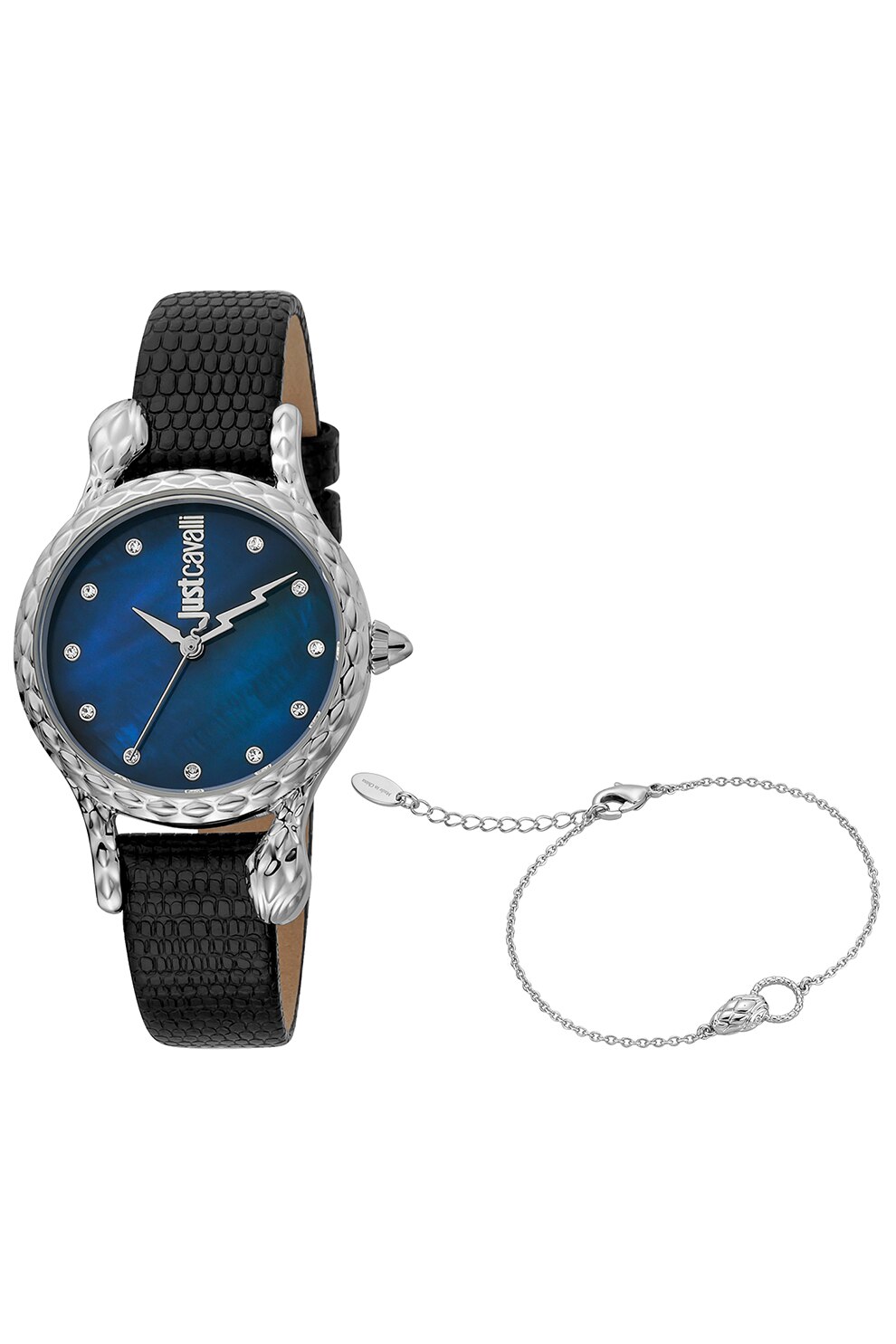 JUST CAVALLI, Set de ceas si bratara cu zirconia, Negru/Argintiu