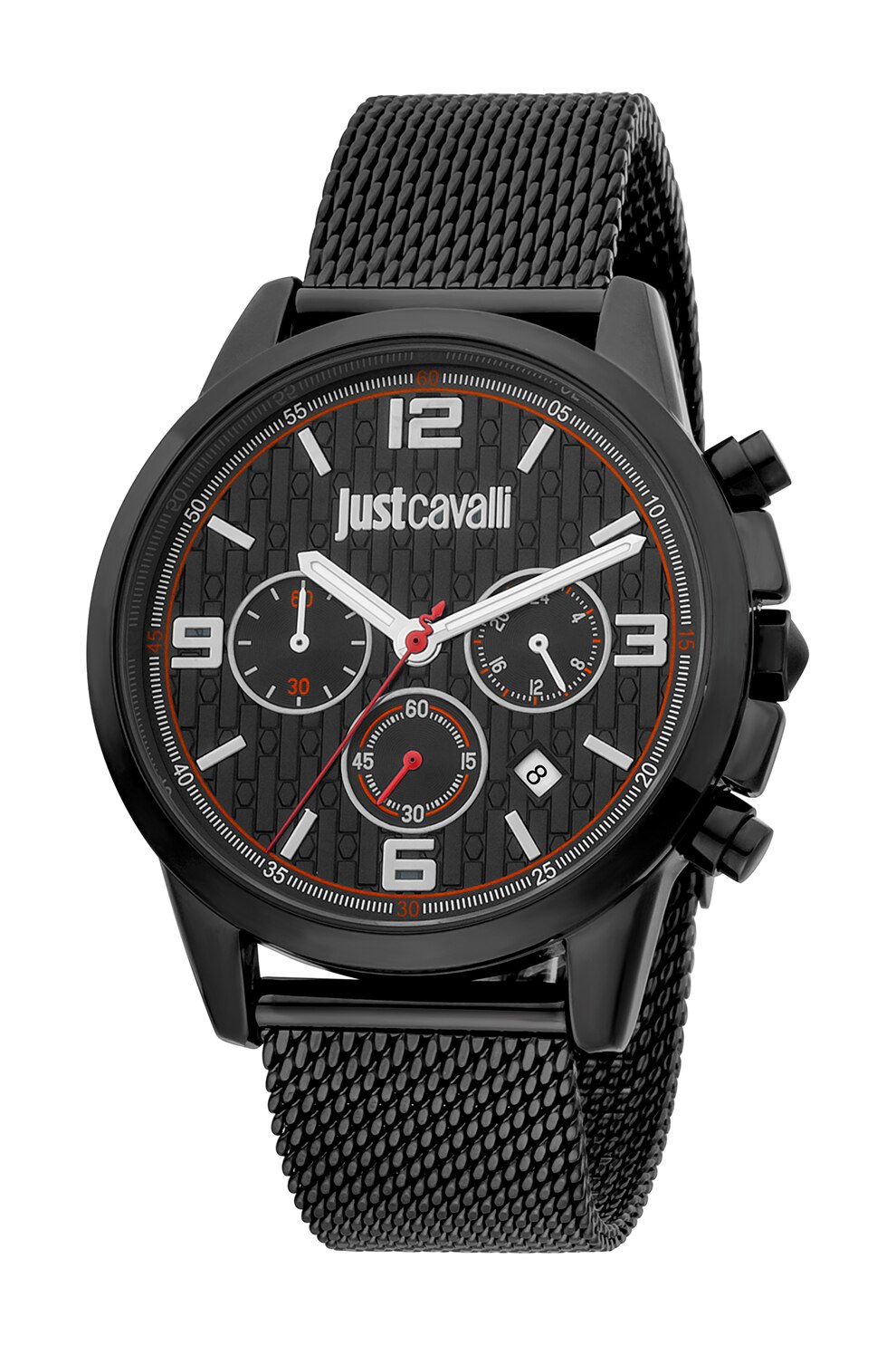 JUST CAVALLI, Ceas cu bratara din otel inoxidabil cu model plasa, Negru