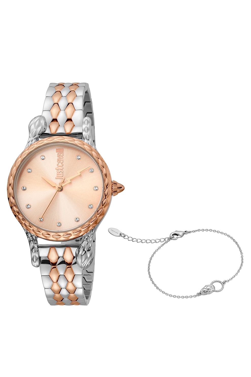 JUST CAVALLI, Set de ceas din otel inoxidabil si bratara cu zirconia, Argintiu/Auriu rose