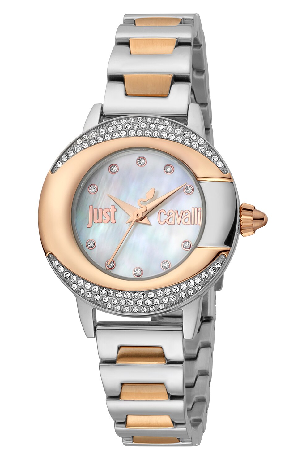 JUST CAVALLI, Ceas cu bratara metalica si cristale, Argintiu/Auriu rose