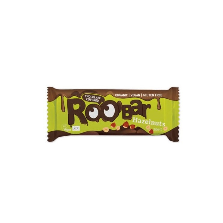 Baton cu alune de padure invelit in ciocolata bio 30g Roobar