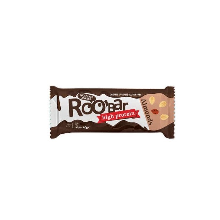 Baton proteic cu migdale invelit in ciocolata bio 40g Roobar