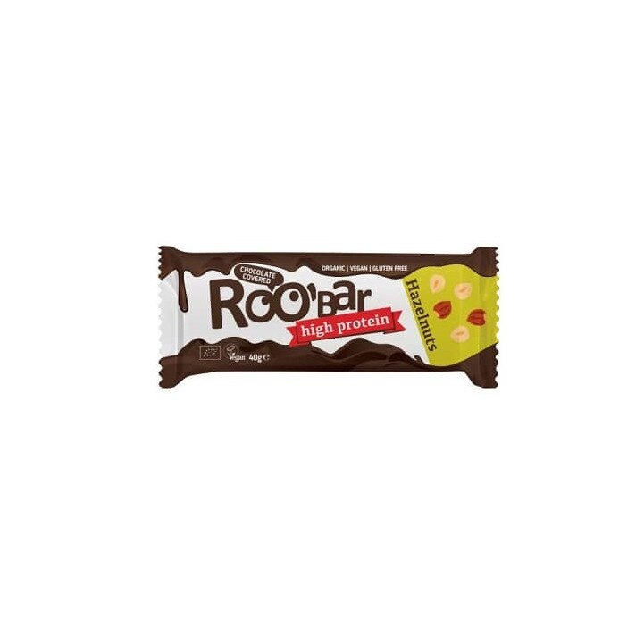 Baton proteic cu alune de padure invelit in ciocolata bio 40g Roobar