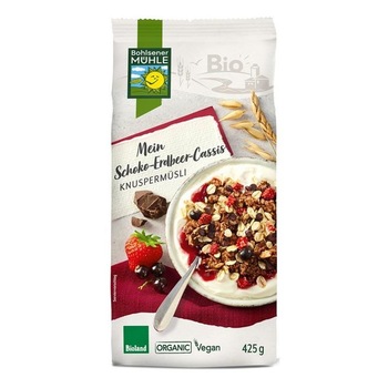 Musli Crocant cu Ciocolata, Capsuni si Coacaze Negre Bio 425 grame Bohlsener Muhle Musli Crocant cu Ciocolata, Capsuni si Coacaze Negre Bio 425 grame Bohlsener Muhle