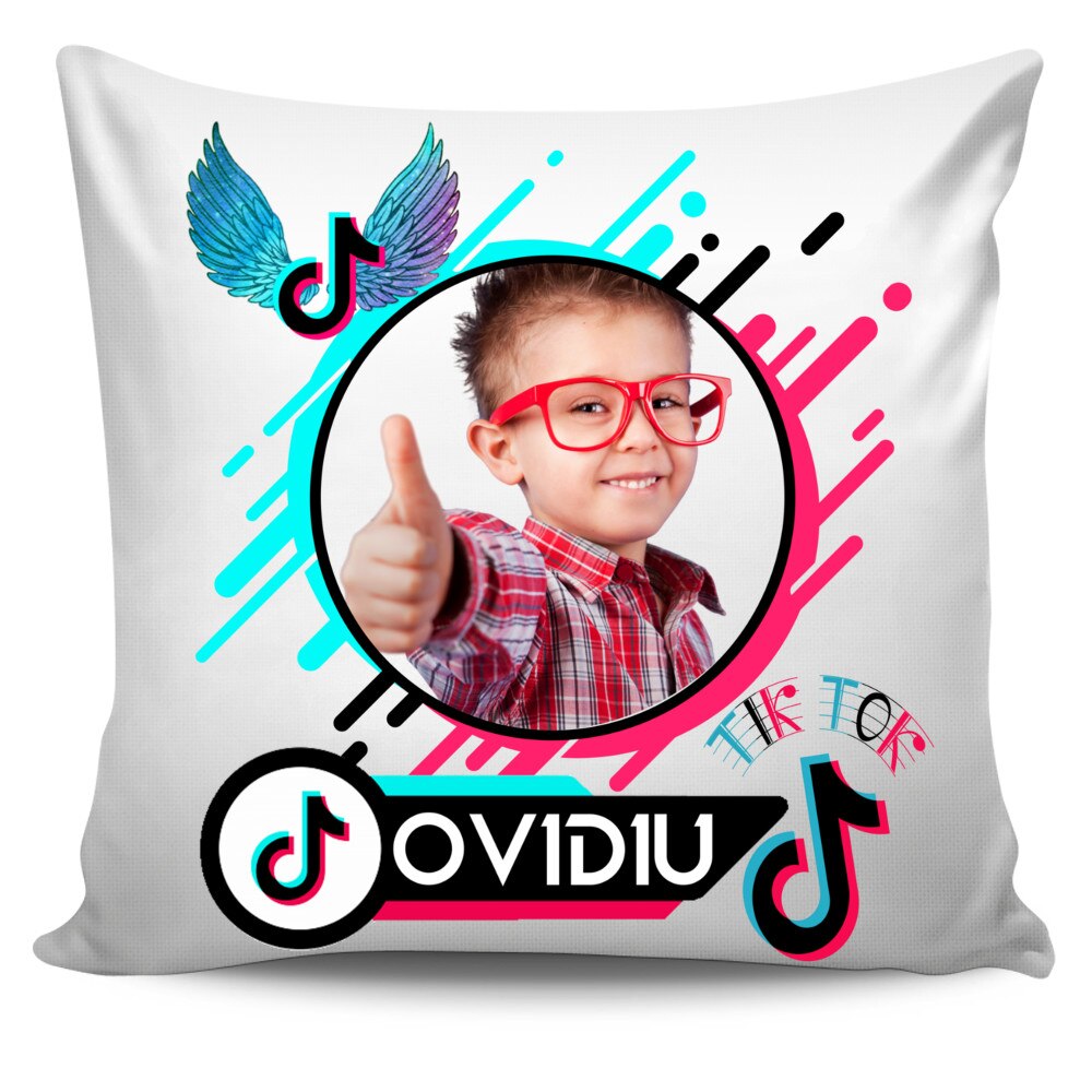 Perna personalizata Tik Tok cu poza si text , Aniversare , Onomastica , Ziua Copilului, 40x40 cm, Handmade Mihaela