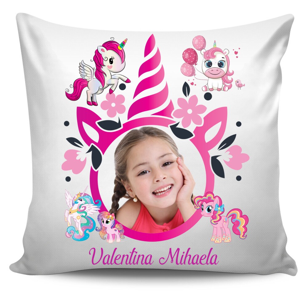 Perna personalizata Unicorn / Little Pony 2 cu poza si text , Aniversare , Onomastica , Ziua Copilului, 40x40 cm, Handmade Mihaela