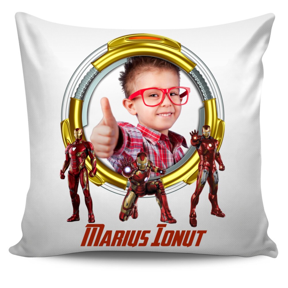 Perna personalizata Iron Man cu poza si text , Aniversare , Onomastica , Ziua Copilului, 40x40 cm, Handmade Mihaela