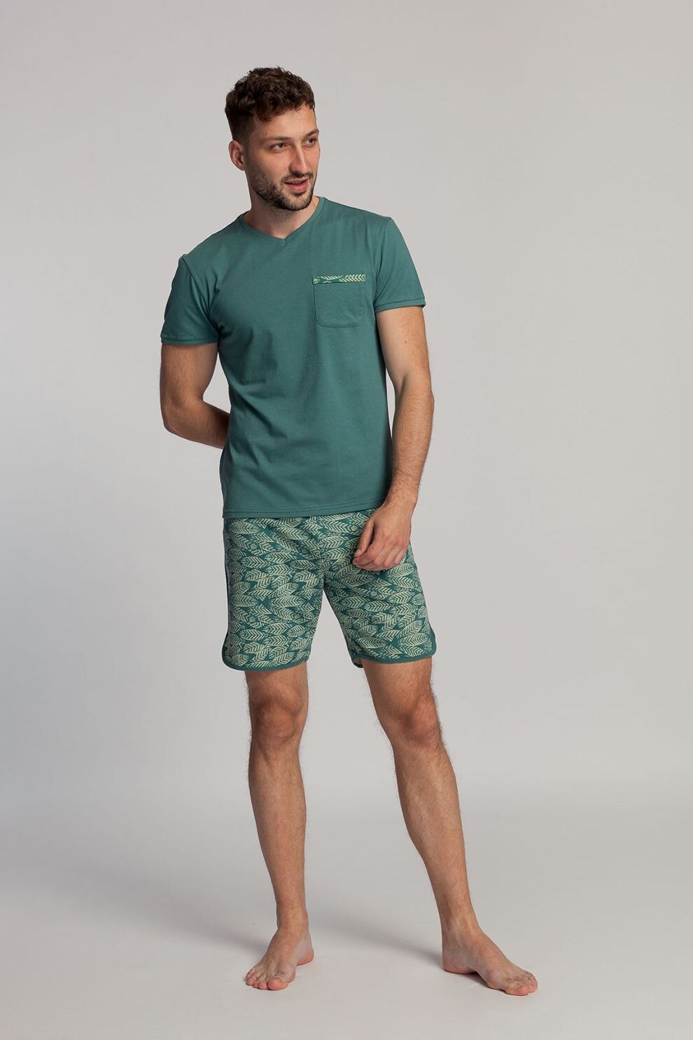 Sofiaman, Pijama scurta slim fit cu imprimeu Gordon, Verde