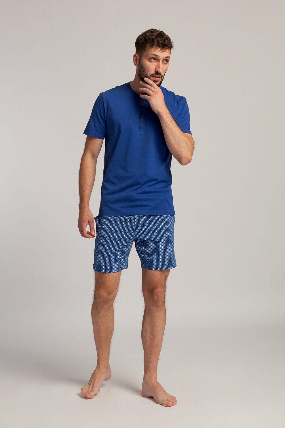 Sofiaman, Pijama scurta din bumbac organic Fishes, Albastru/Alb