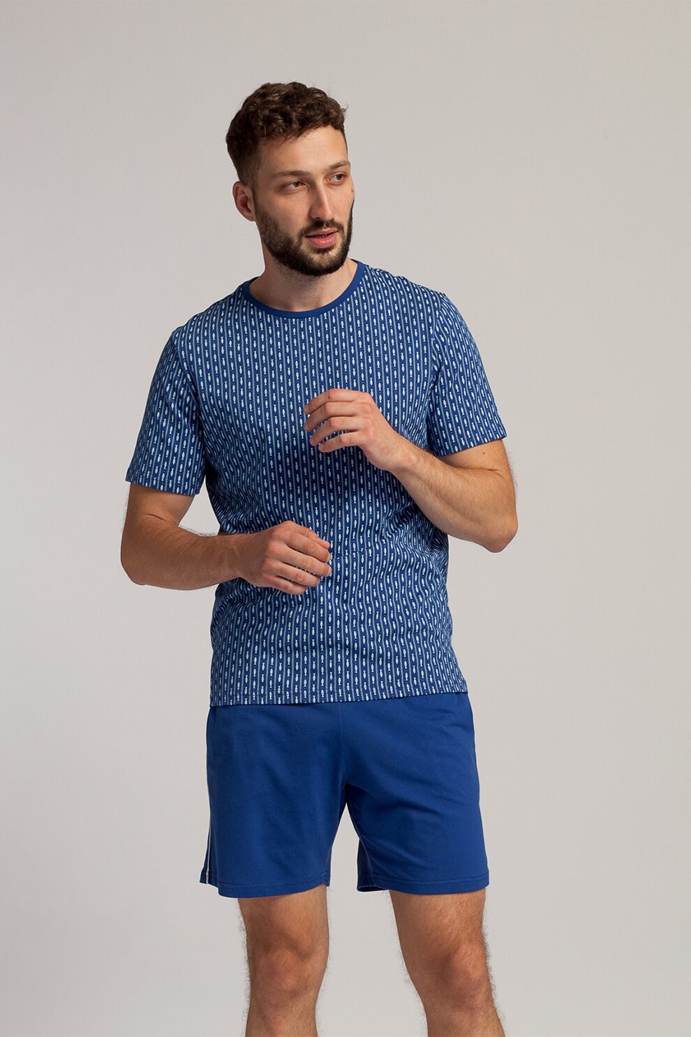 Sofiaman, Pijama scurta din bumbac organic Fishes, Albastru/Alb