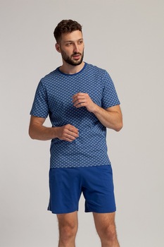 Sofiaman, Pijama scurta din bumbac organic Fishes, Albastru/Alb Sofiaman, Pijama scurta din bumbac organic Fishes, Albastru/Alb