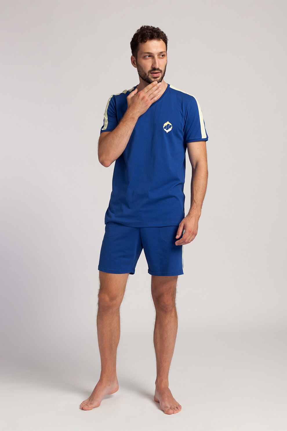 Sofiaman, Pijama scurta din bumbac organic Fishes, Albastru royal/Alb