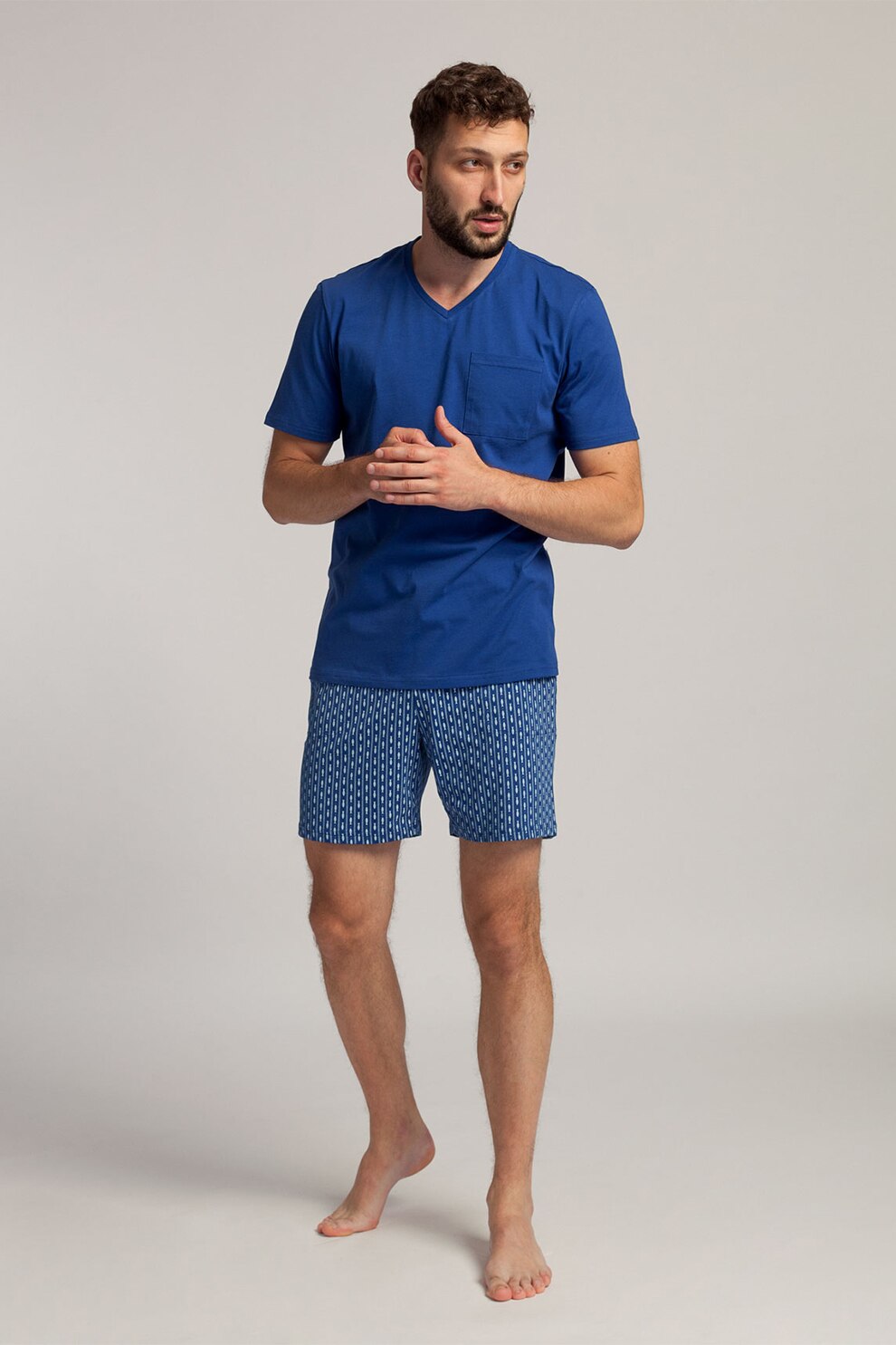 Sofiaman, Pijama scurta din bumbac organic Fishes, Albastru/Alb