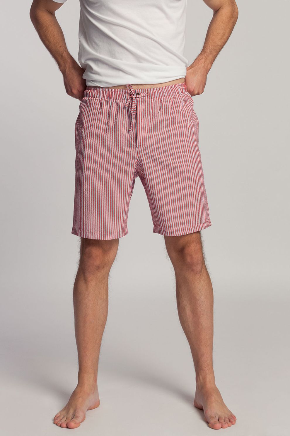 Sofiaman, Pantaloni scurti de casa cu model in dungi Victor, Alb/Rosu