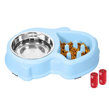 Set Castron 2 in 1, Hranire Lenta si Bol pentru Apa, FizioTab® si 2 Pungi Igienice, pentru Caini de Talie Mica si Medie, Albastru Set Castron 2 in 1, Hranire Lenta si Bol pentru Apa, FizioTab® si 2 Pungi Igienice, pentru Caini de Talie Mica si Medie, Albastru